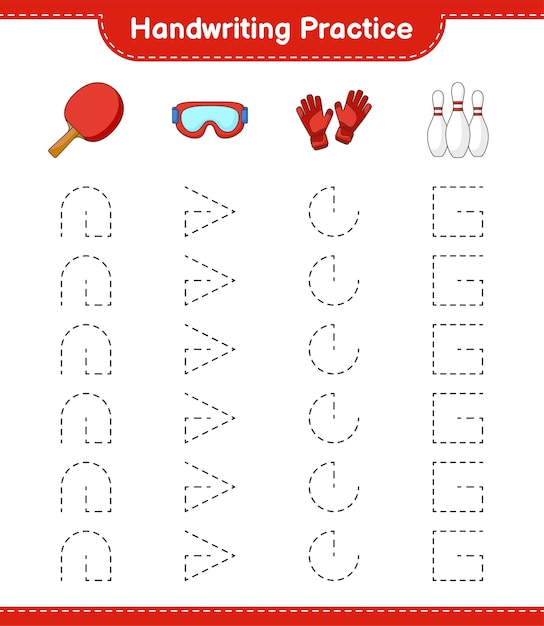 Handwriting practice Tracing lines of Bowling Pin Goggle Ping Pong Racket and Goalkeeper Gloves Educational children game printable worksheet vector illustration