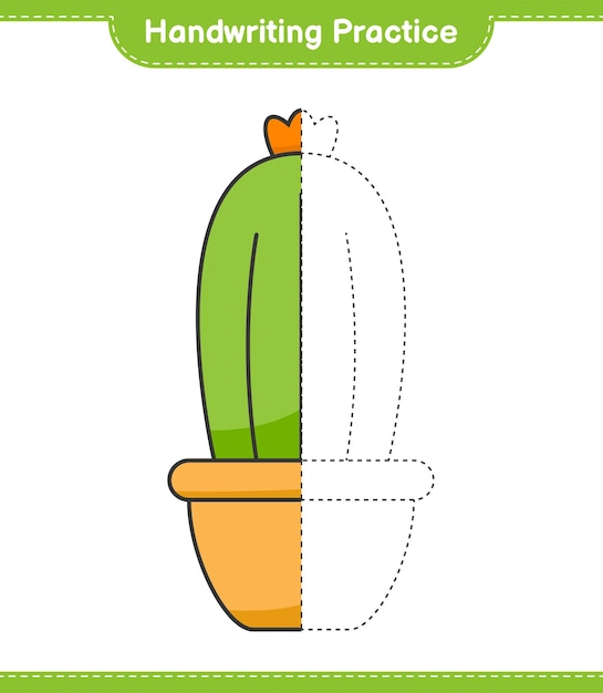 Handwriting practice. Tracing lines of Cactus. Educational children game, printable worksheet, vector illustration