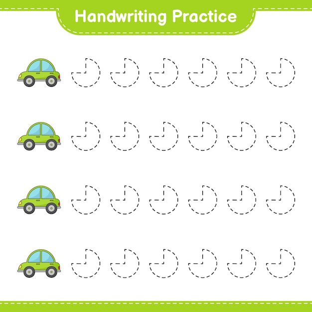 Pratica di scrittura a mano. tracciare le linee di car. gioco educativo per bambini, foglio di lavoro stampabile, illustrazione vettoriale