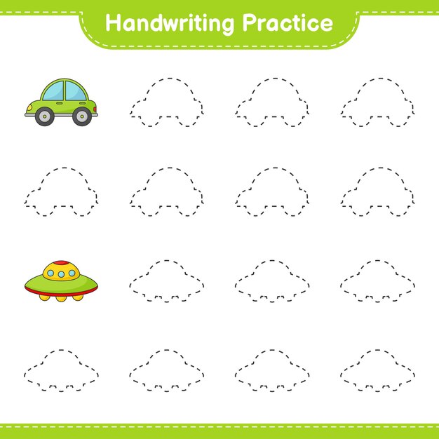 Handwriting practice. Tracing lines of Car and Ufo. Educational children game, printable worksheet, vector illustration