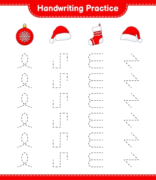 Handwriting practice Tracing lines of Christmas Ball Santa Hat and Christmas Sock Educational children game printable worksheet vector illustration