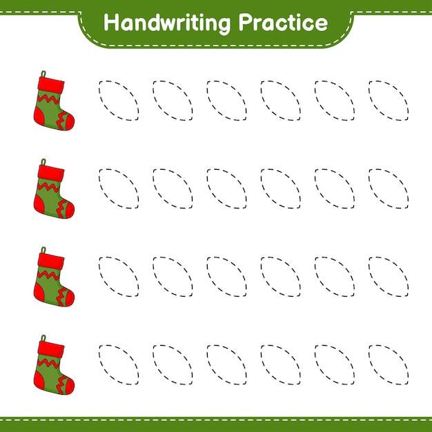 Pratica di scrittura a mano tracciare le linee del calzino di natale gioco educativo per bambini foglio di lavoro stampabile illustrazione vettoriale