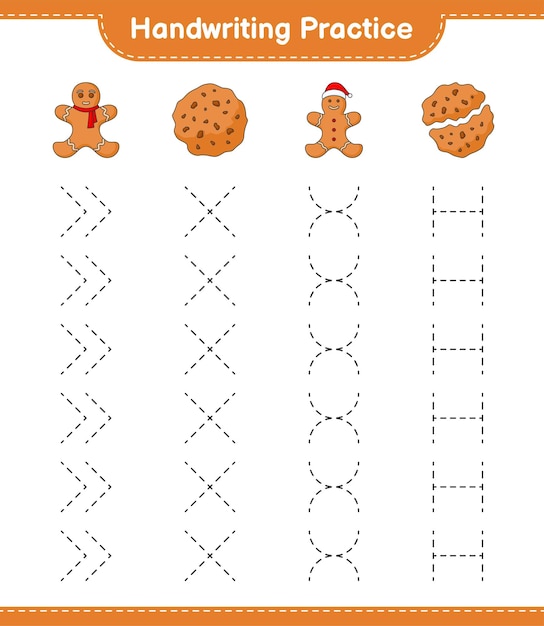 Handwriting practice Tracing lines of Cookies and Gingerbread Man Educational children game printable worksheet vector illustration