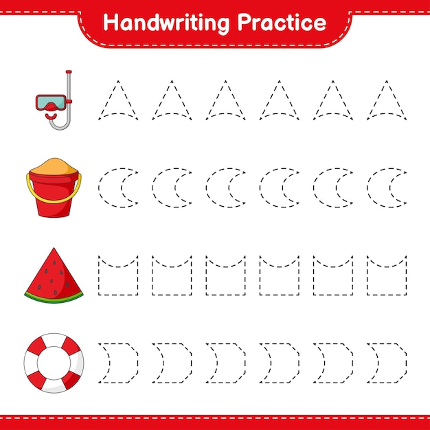 Handwriting practice Tracing lines of Diving Mask Sand Bucket Watermelon and Lifebuoy Educational children game printable worksheet vector illustration