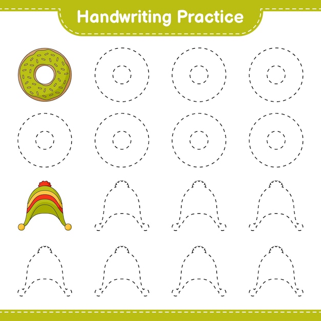 Handwriting practice Tracing lines of Donut and Hat Educational children game printable worksheet