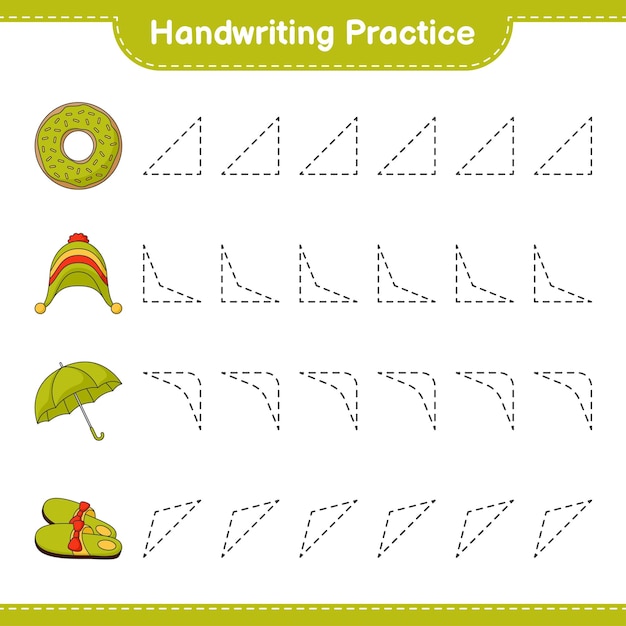 Handwriting practice Tracing lines of Donut Slippers Umbrella and Hat Educational children game