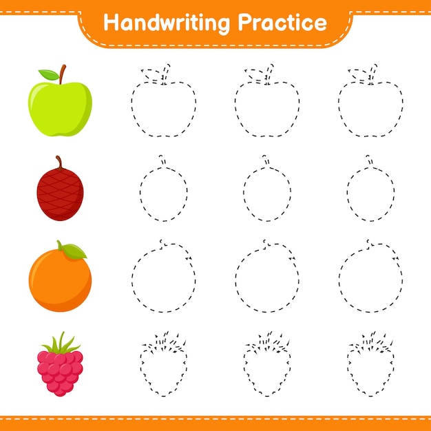 Handwriting practice. Tracing lines of Fruits. Educational children game, printable worksheet,   illustration