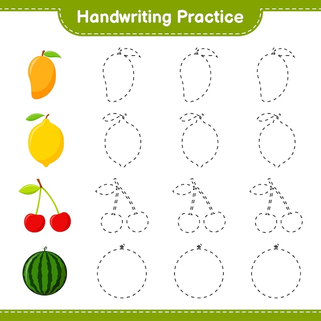 Handwriting practice. Tracing lines of Fruits. Educational children game, printable worksheet,   illustration