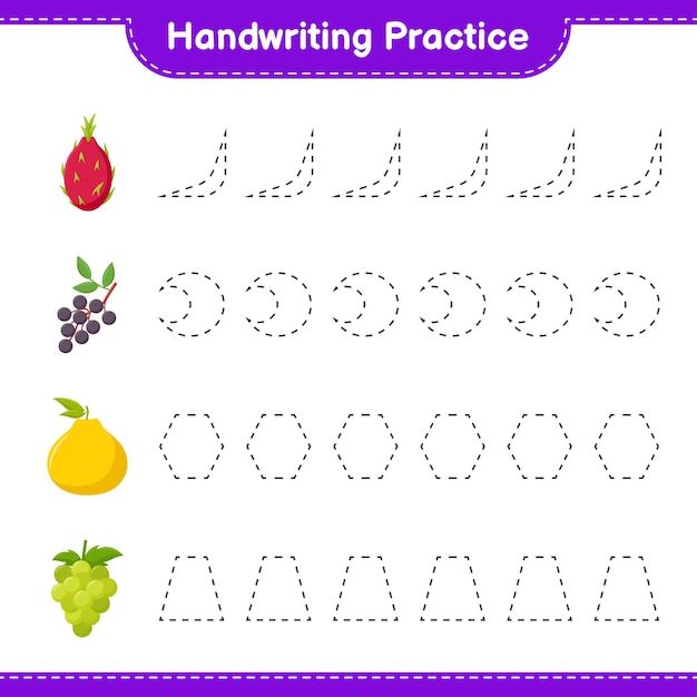 Handwriting practice. Tracing lines of Fruits. Educational children game, printable worksheet 