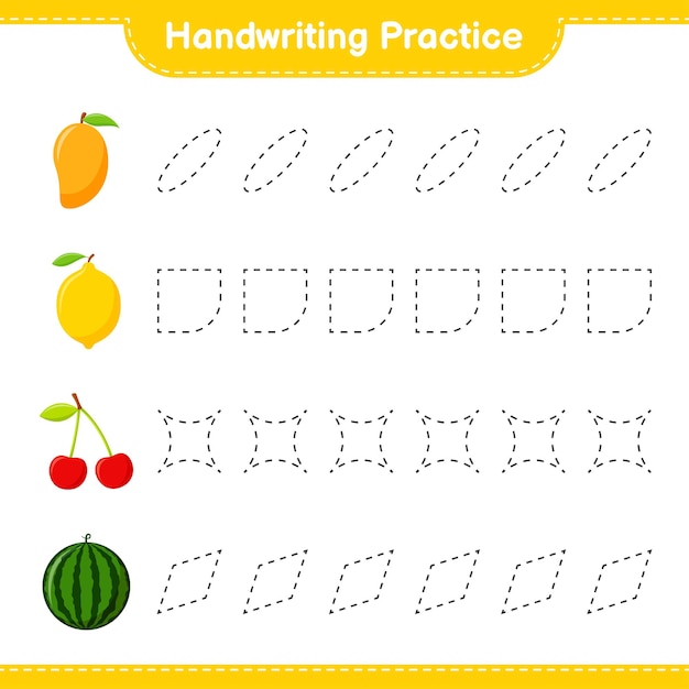 Pratica di scrittura a mano. tracciare linee di frutta. gioco educativo per bambini, foglio di lavoro stampabile