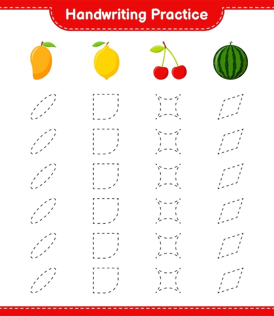 Pratica di scrittura a mano. tracciare linee di frutta. gioco educativo per bambini, foglio di lavoro stampabile