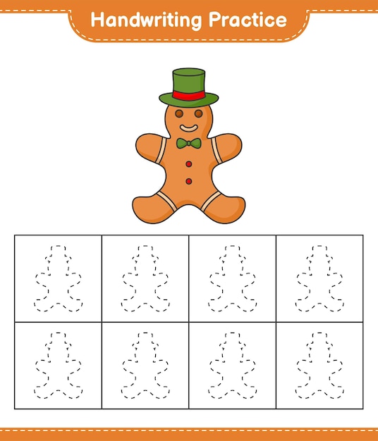 Pratica di scrittura a mano tracciare le linee di gingerbread man educational bambini gioco stampabile foglio di lavoro illustrazione vettoriale