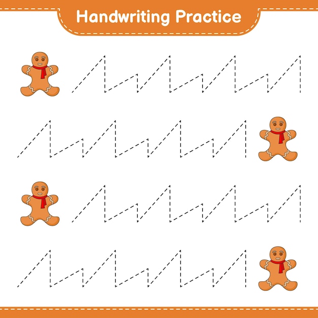 Handwriting practice Tracing lines of Gingerbread Man Educational children game printable worksheet vector illustration