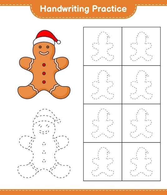 Pratica di scrittura a mano tracciare le linee di gingerbread man educational bambini gioco stampabile foglio di lavoro illustrazione vettoriale