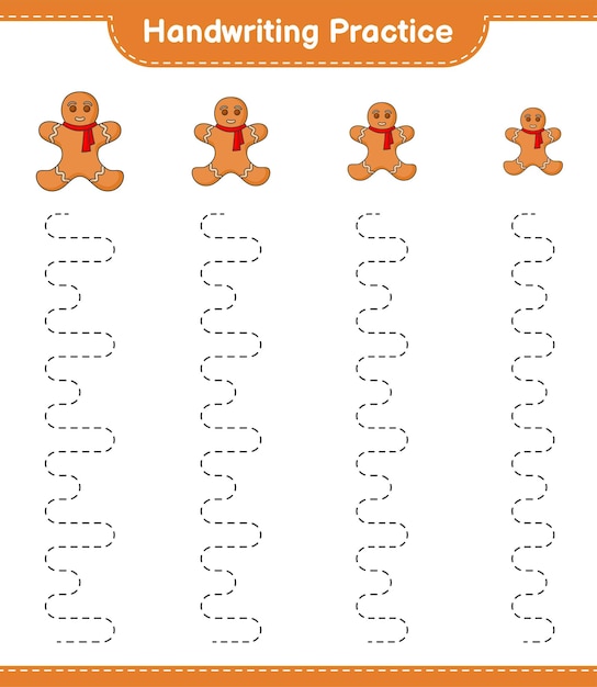 Handwriting practice Tracing lines of Gingerbread Man Educational children game printable worksheet vector illustration