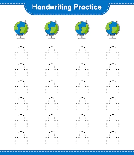 Handwriting practice tracing lines of globe educational children game printable worksheet vector illustration