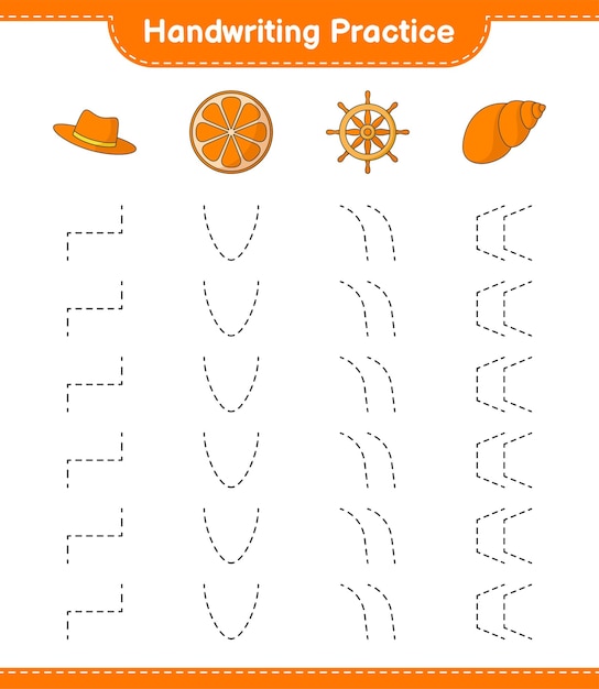 Handwriting practice Tracing lines of Hat Orange Ship Steering and Sea Shells Educational children game printable worksheet vector illustration