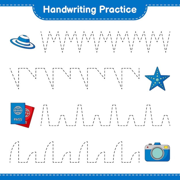 Handwriting practice Tracing lines of Hat Passport Starfish and Camera Educational children game printable worksheet vector illustration