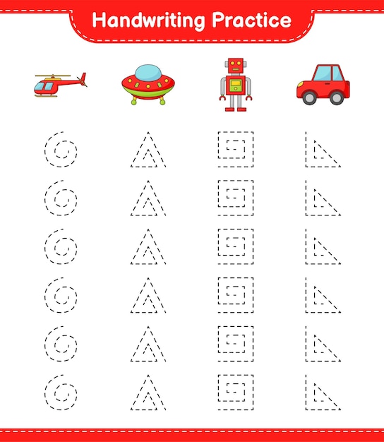 Handwriting practice. Tracing lines of Helicopter, Ufo, Robot Character, and Car. Educational children game
