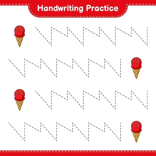 Практика почерка Отслеживание линий мороженого Образовательная детская игра для печати векторная иллюстрация листа