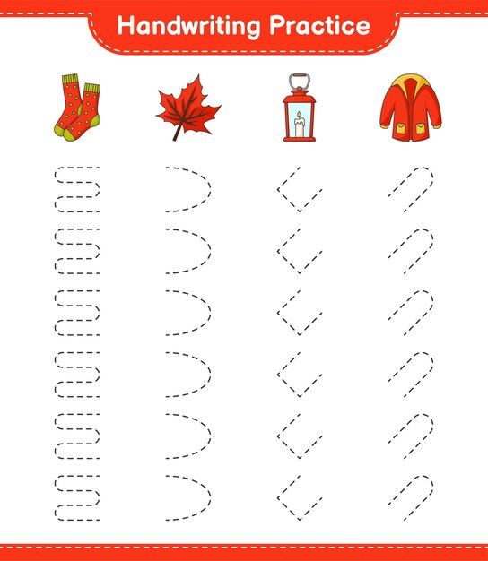 Handwriting practice Tracing lines of Lantern Socks Warm Clothes and Maple Leaf