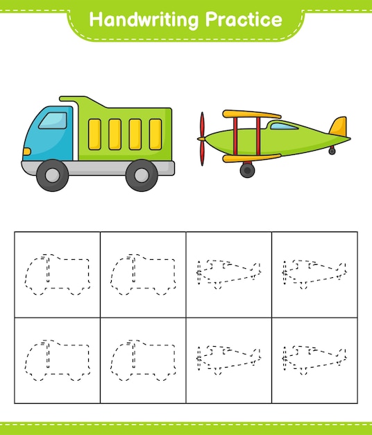 Практика почерка. Трассировка линий грузовика и самолета. Развивающая детская игра, лист для печати, векторные иллюстрации