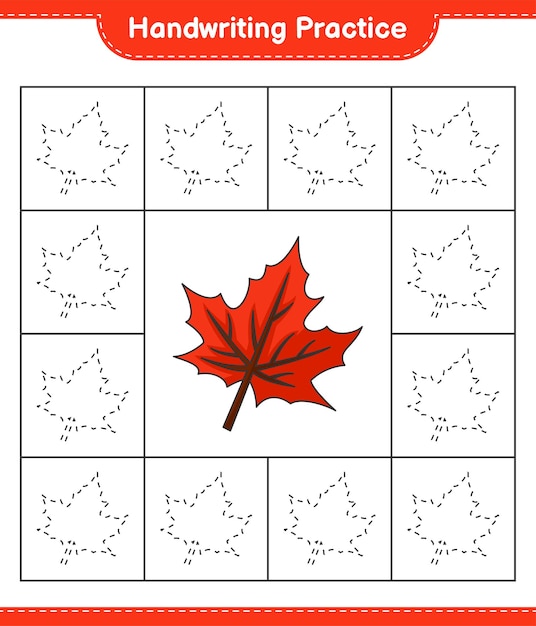 Pratica di scrittura a mano tracciare le linee del foglio di lavoro stampabile del gioco educativo per bambini maple leaf