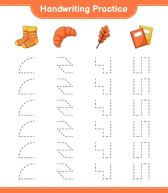 Esercitazione di scrittura a mano tracciare le linee dei calzini oak leaf book e croissant