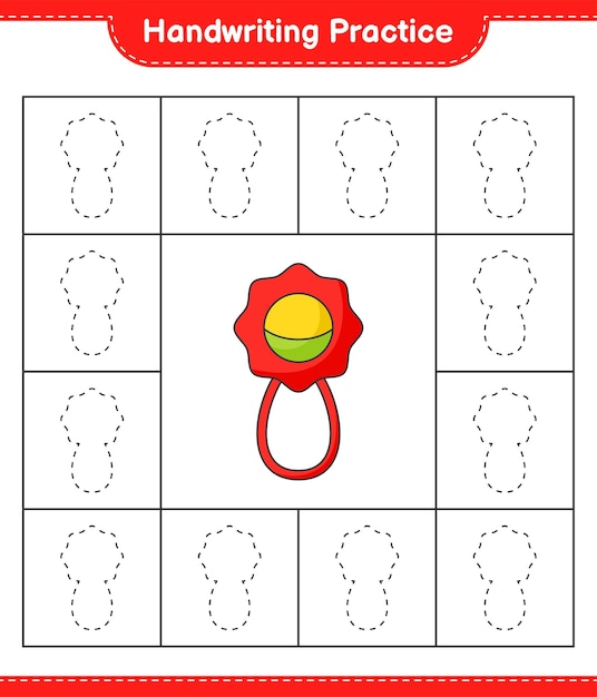 Практика почерка. трассировка линий детской погремушки. развивающая детская игра, лист для печати, векторные иллюстрации