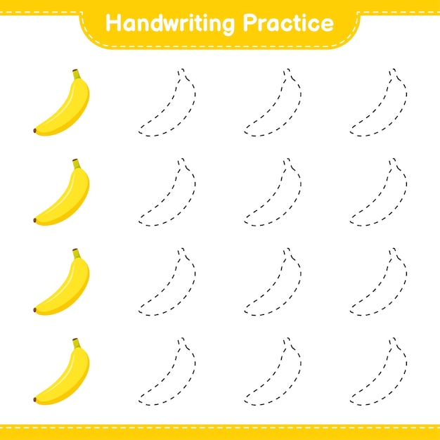 필기 연습. 바나나의 추적 라인. 교육용 어린이 게임, 인쇄 가능한 워크 시트, 일러스트레이션