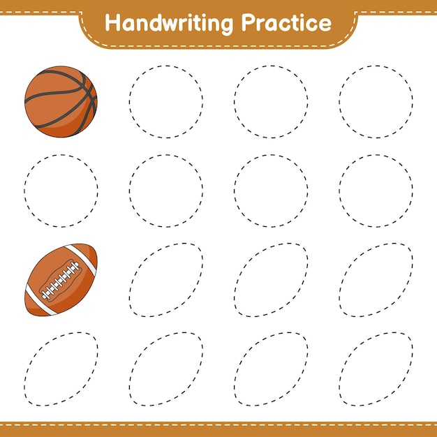 Практика почерка отслеживание линий баскетбола и мяча для регби образовательная детская игра для печати векторная иллюстрация листа