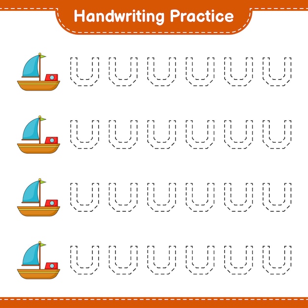 Практика почерка. трассировка линий лодки. развивающая детская игра, лист для печати, векторные иллюстрации