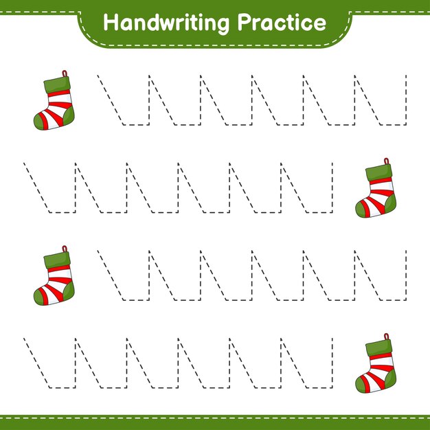 Практика почерка отслеживание линий рождественского носка образовательная детская игра для печати на векторной иллюстрации листа