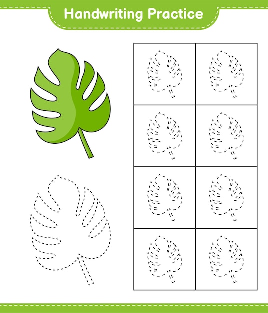 필기 연습 Monstera 교육 어린이 게임 인쇄용 워크 시트 벡터 일러스트 레이 션의 추적 라인