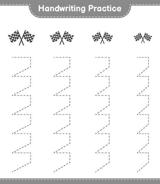 손글씨 연습. 레이싱 플래그의 추적 라인. 교육 어린이 게임, 인쇄용 워크시트, 벡터 일러스트 레이 션
