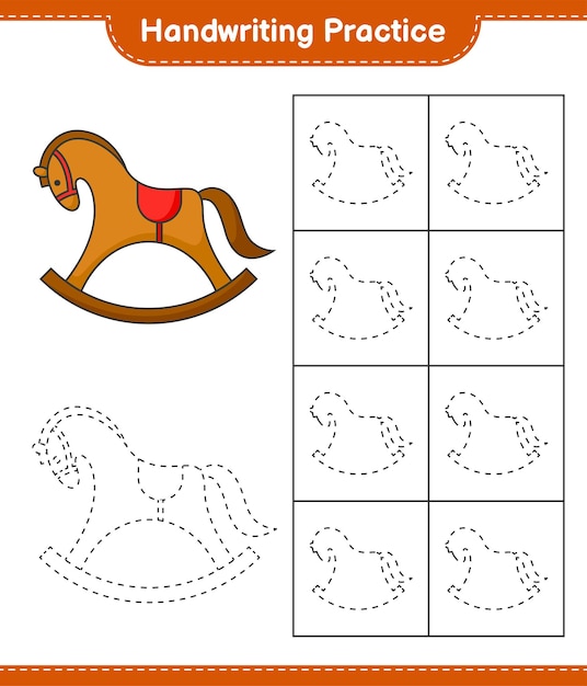 Практика почерка. трассировка линий лошадки-качалки. развивающая детская игра, лист для печати, векторные иллюстрации