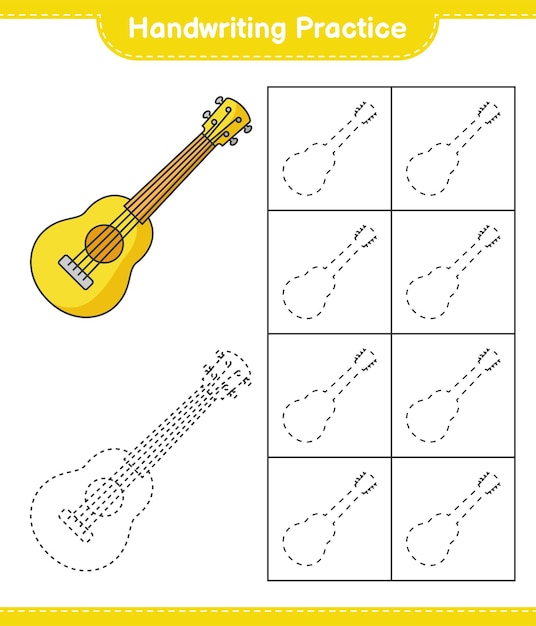 手書きの練習ウクレレ教育の子供たちのゲームの印刷可能なワークシートのベクトル図の線をたどる