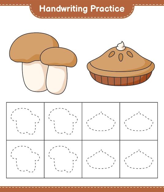 Handwriting practice Tracing lines of Pie and Mushroom Boletus Educational children game