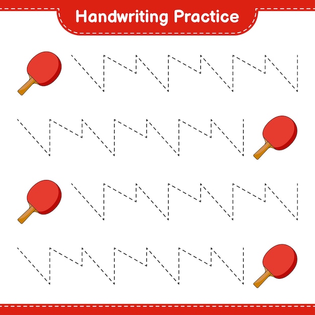 Vettore pratica della scrittura a mano. tracciare le linee della racchetta da ping pong. gioco educativo per bambini, foglio di lavoro stampabile, illustrazione vettoriale