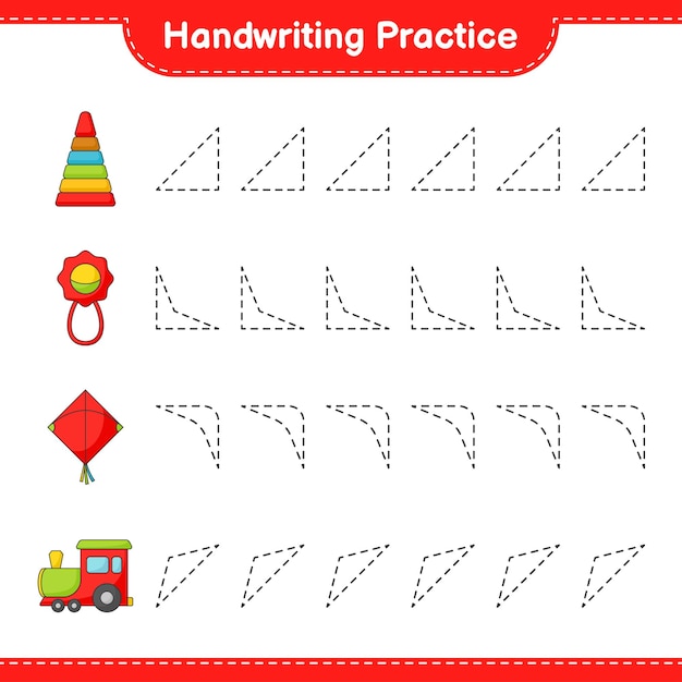 Handwriting practice. Tracing lines of Pyramid Toy, Baby Rattle, Kite, and Train. Educational children game