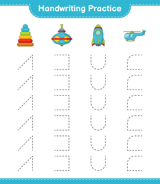 Handwriting practice. Tracing lines of Pyramid Toy, Whirligig Toy, Rocket, and Helicopter. Educational children game