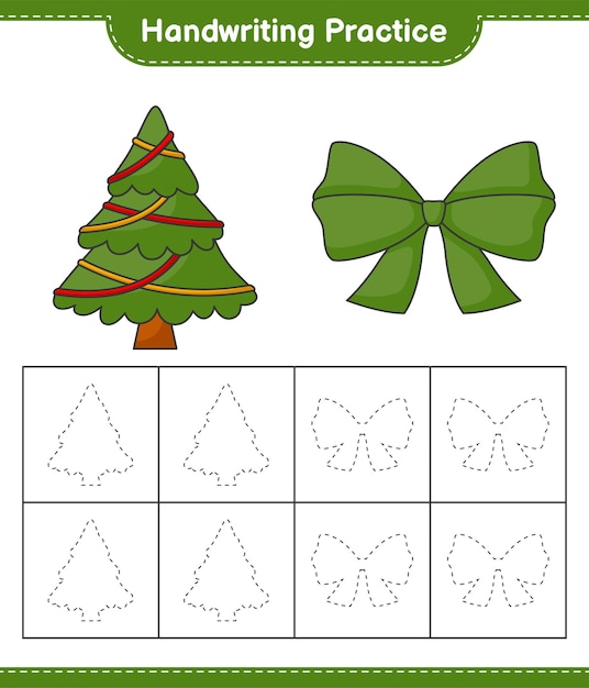 Handwriting practice Tracing lines of Ribbon and Christmas Tree Educational children game