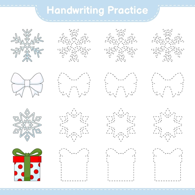 Handwriting practice Tracing lines of Ribbon Snowflake and Gift Box Educational children game printable worksheet vector illustration