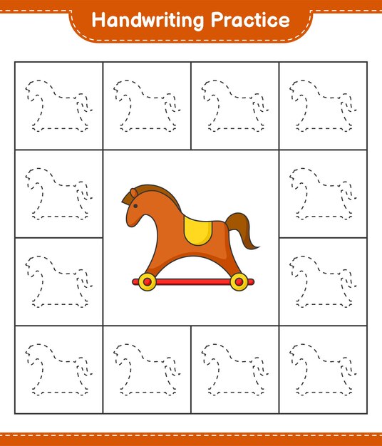 Handwriting practice. Tracing lines of Rocking Horse. Educational children game, printable worksheet, vector illustration