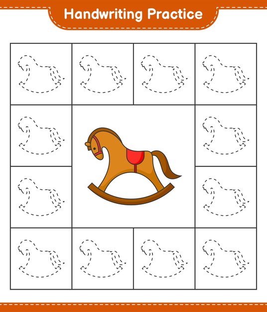 Handwriting practice. Tracing lines of Rocking Horse. Educational children game, printable worksheet, vector illustration