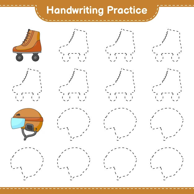 Handwriting practice Tracing lines of Roller Skate and Hockey Helmet Educational children game printable worksheet vector illustration