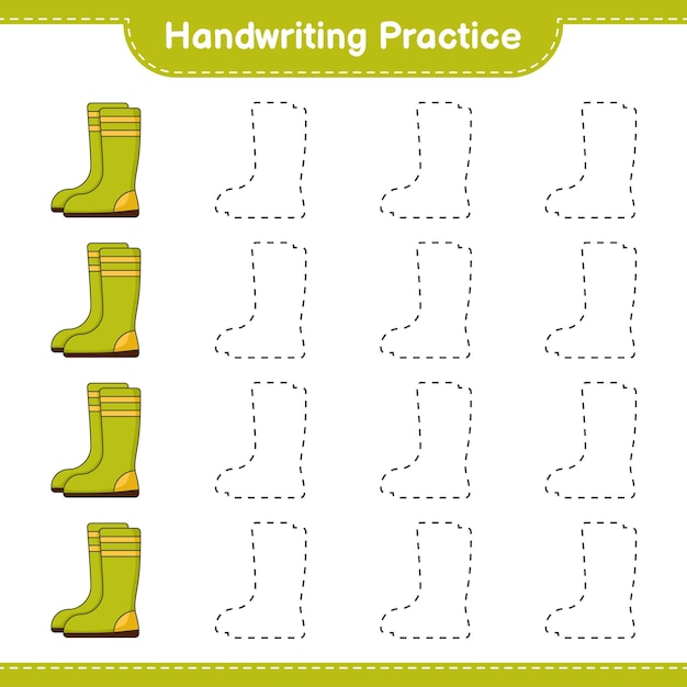 Vector handwriting practice tracing lines of rubber boots educational children game printable worksheet