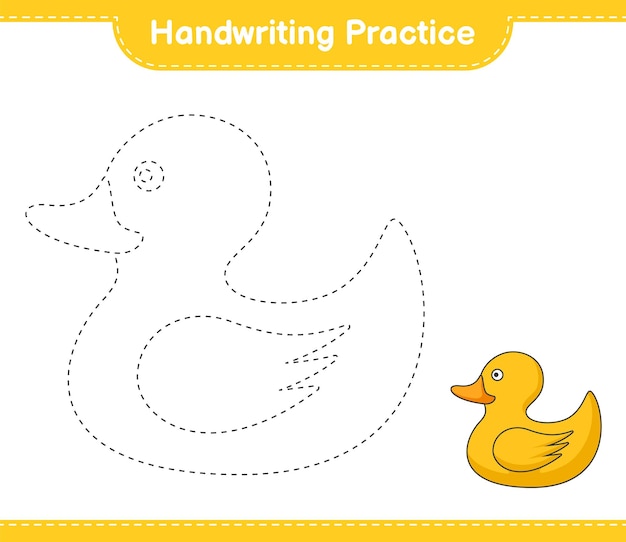 Handwriting practice. Tracing lines of Rubber Duck. Educational children game, printable worksheet, vector illustration