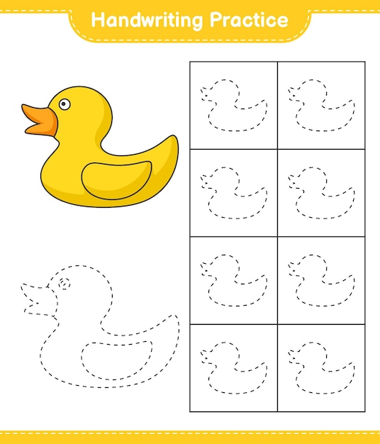 Pratica di scrittura a mano. tracciare le linee di rubber duck. gioco educativo per bambini, foglio di lavoro stampabile, illustrazione vettoriale