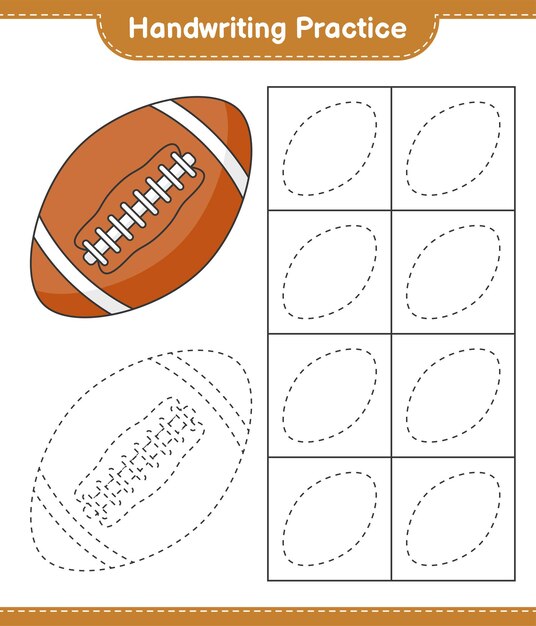 Vector handwriting practice tracing lines of rugby ball educational children game printable worksheet vector illustration